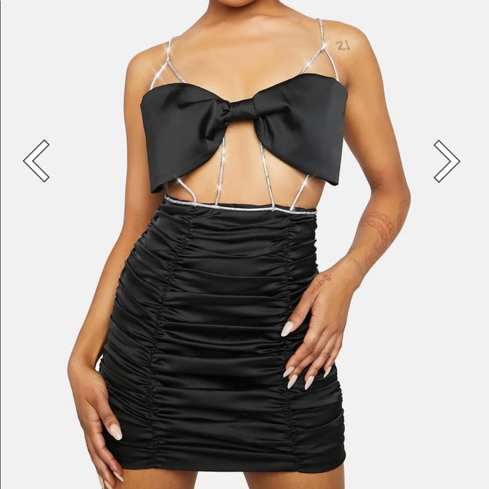 For Love And Lemons Black Ruched Mini Dress with Bow Bodice